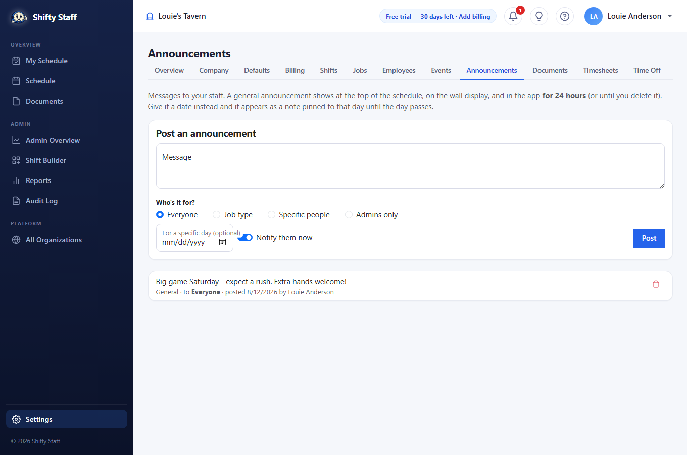 Posting an announcement with audience options