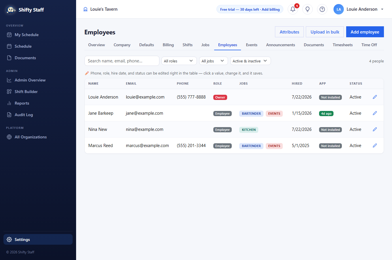 The employees table with search, filters, and editable columns